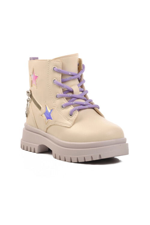 Cream-Lilac Polyurethane Girls Boots 1525 P