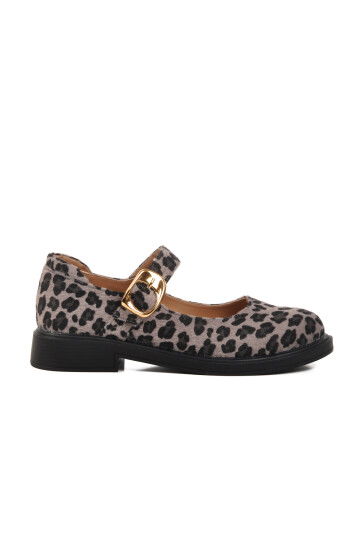 Gray Leopard Patterned Belted Womens Ballerinas 572407 Z