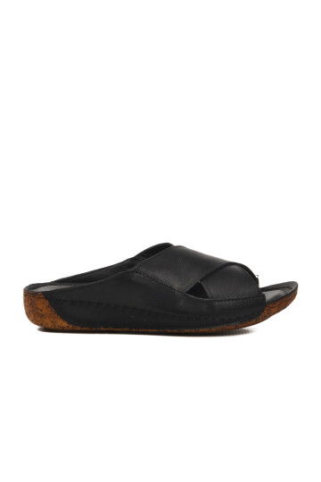 Black Genuine Leather Womens Slippers 001 Z