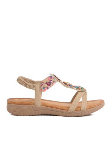 Beige Genuine Leather Stone Embroidered Lightweight Womens Sandals B096 Z
