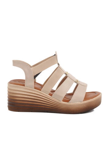Beige Velcro Heeled Womens Sandals T-001 Z