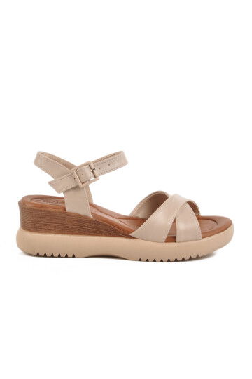 Beige Velcro Heeled Womens Sandals T-002 Z