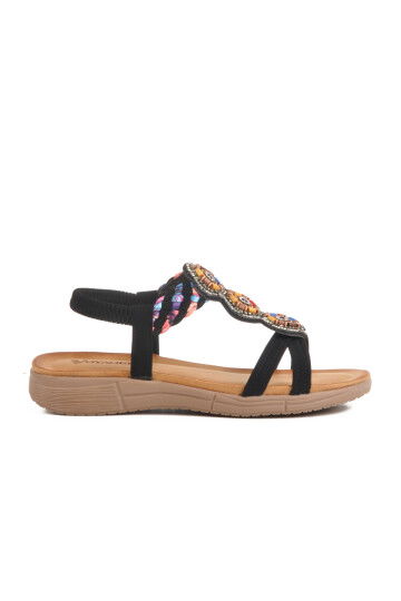 Black Genuine Leather Stone Embroidered Lightweight Womens Sandals B096 Z