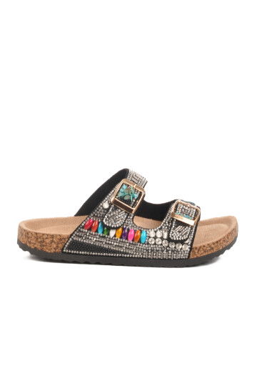 Black Stone Embroidered Girls Slippers 25Y106-6 F