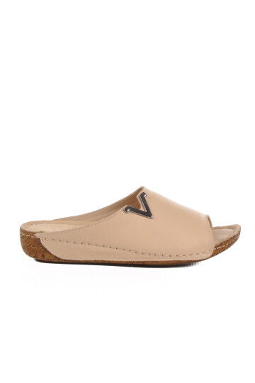Beige Genuine Leather Womens Slippers 002 Z