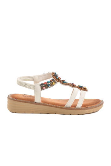 White Genuine Leather Stone Embroidered Womens Sandals 9634 Z