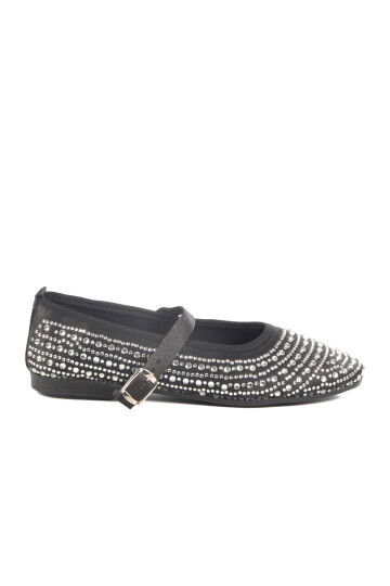 Black Stoned Textile Womens Ballerinas 038 Z