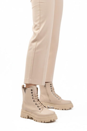 Bej Cilt Bağcıklı Fermuarlı Kaymaz Kadın Bot 514531 Z