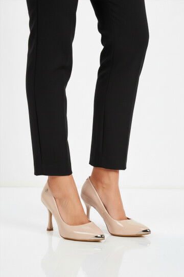 Beige Patent Leather Womens Thin Heeled Shoes PC-55118 Z