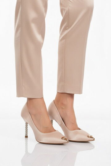 Beige Satin Thin Stoned Heeled Womens Evening Shoes 357191 Z