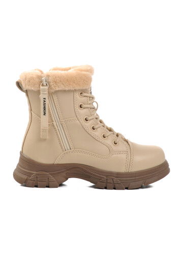 Beige Mink Fur Lined Zippered Non-Slip Sole Girls Boots 24072 F