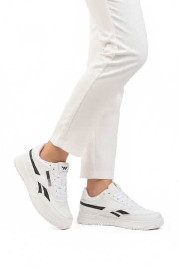 Beyaz Siyah Bağcıklı Hafif Cilt Unisex Spor Ayakkabı Marlow G