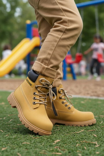 Camel Nubuk Kaymaz Tabanlı Bağcıklı Soğuğa Dirençli Unisex Çocuk Bot 921 F