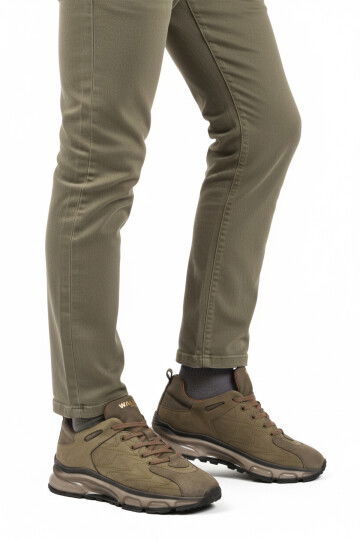 Khaki Laced Genuine Leather Mens Sneakers 2623 M