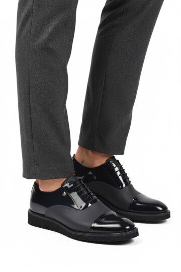 Navy Blue Patent Leather Genuine Leather Mens Classic Shoes 6590 M