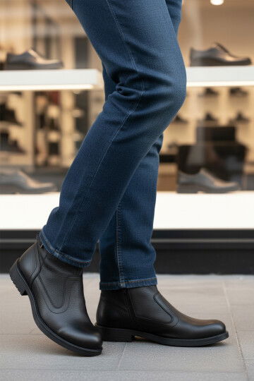 Black Genuine Leather Fur Lined Non-Slip Cold Resistant Mens Boots 450 M