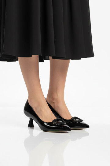 Black Wrinkled Thin Short Heeled Womens Evening Shoes 357189 Z