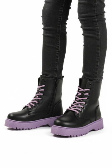Black Purple Polar Fleece Lace-Up Zippered Non-Slip Girls Boots Dale 05 F