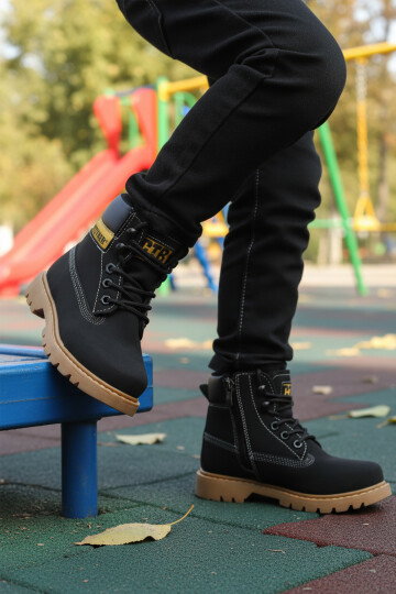 Siyah Nubuk Kaymaz Tabanlı Bağcıklı Soğuğa Dirençli Unisex Çocuk Bot 921 F