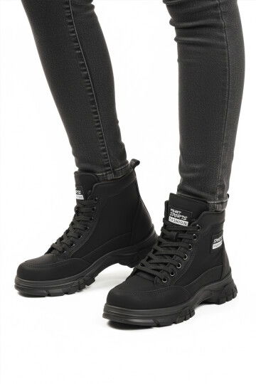 Black Nubuck Fur Lined Non-Slip Sole Zippered Lace-Up Womens Boots 24090 Z