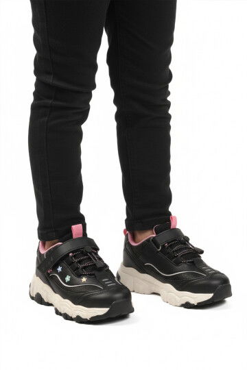 Siyah Cırtlı Hafif Fileli Esnek Kız Çocuk Spor Ayakkabı Bella Kısa F