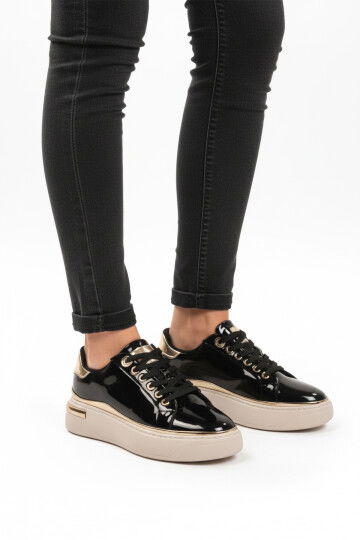 Black Patent Leather Lace-Up Lightweight Womens Sneaker Lady 029 Z