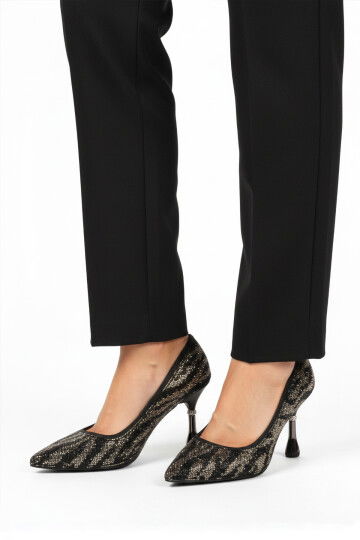 Black Satin Stone Embroidered Thin Heeled Womens Evening Shoes 248245 Z