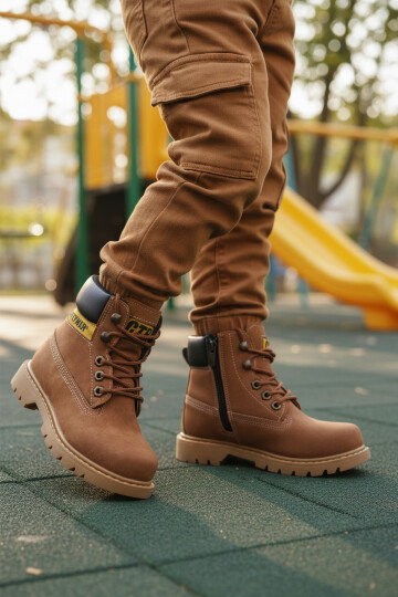 Tarçın Nubuk Kaymaz Tabanlı Bağcıklı Soğuğa Dirençli Unisex Çocuk Bot 921 F