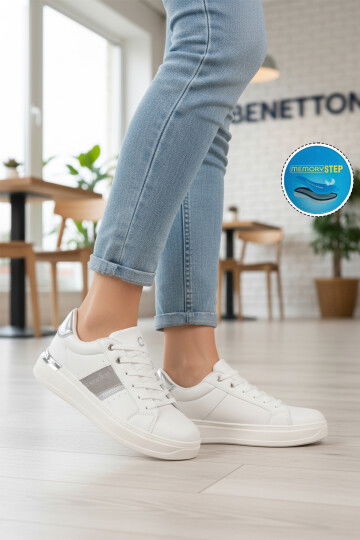 Bej Gümüş Bağcıklı Cilt Memory Foam Unisex Spor Ayakkabı BNI-12074 G