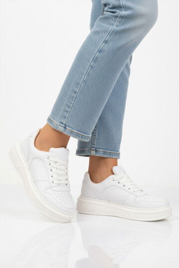 Beyaz Bağcıklı Cilt Hafif Unisex Sneaker Aper 049 G