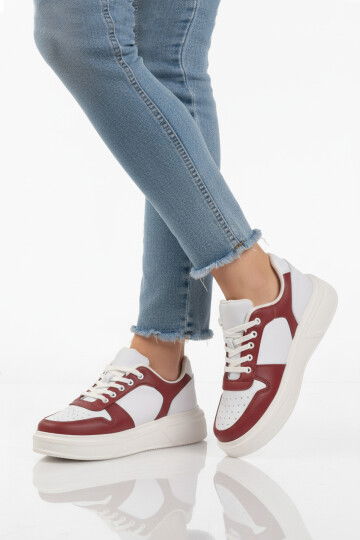 Beyaz Bordo Bağcıklı Cilt Hafif Unisex Sneaker Aper 049 G