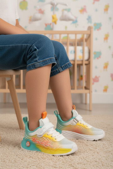 White Yellow Velcro Mesh Flexible Boys Sports Shoes BNI-10277 P