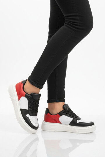 Beyaz Siyah Bağcıklı Cilt Hafif Unisex Sneaker Aper 049 G