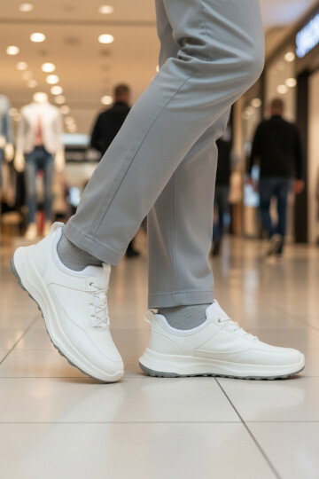Beyaz Elastik Bağcıklı Hafif Cilt Erkek Casual Yürüyüş Ayakkabı Sneaker 460 M