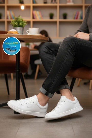 Beyaz Bağcıklı Cilt Memory Foam Erkek Spor Ayakkabı BNI-12087 M