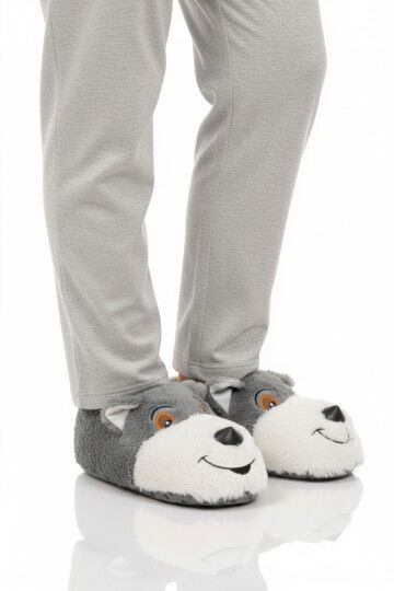 Gri Köpek Desenli Unisex Panduf 26K001