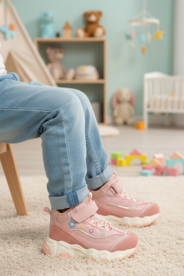 Pudra Cırtlı Desenli Kaymaz Tabanlı Kız Çocuk Spor Ayakkabı Sneaker Bot Bella Uzun P