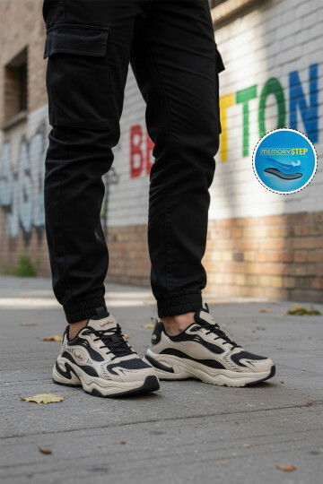 Siyah Bej Bağcıklı Cilt Memory Foam Erkek Spor Ayakkabı BNI-12086 M