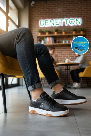 Siyah Beyaz Bağcıklı Cilt Memory Foam Erkek Spor Ayakkabı BNI-11219 M