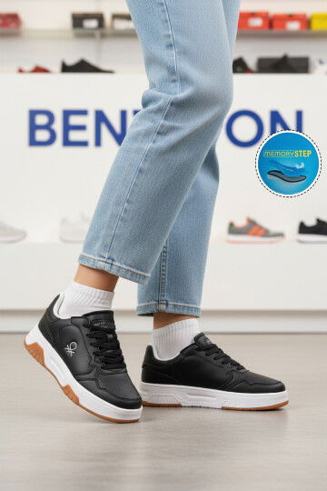 Siyah Beyaz Bağcıklı Cilt Memory Foam Unisex Spor Ayakkabı BNI-11220 G