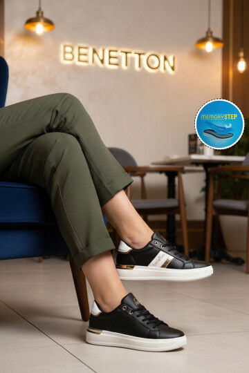 Siyah Beyaz Bağcıklı Cilt Memory Foam Unisex Spor Ayakkabı BNI-12074 G