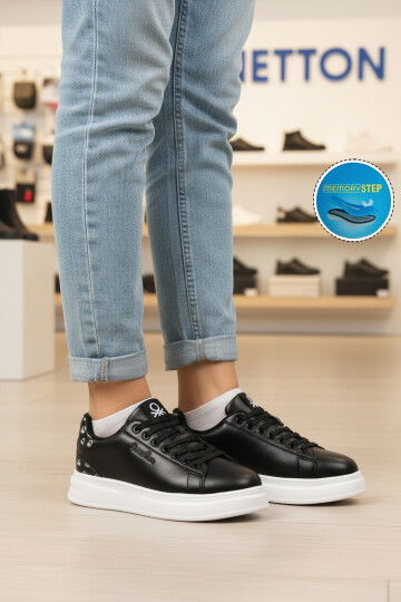 Siyah Beyaz Bağcıklı Cilt Unisex Spor Ayakkabı BNI-12098 G