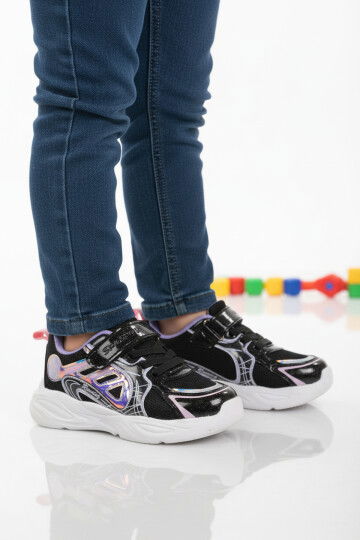 Siyah Mor Cırtlı Hafif Esnek Kız Çocuk Spor Ayakkabı Kelsy P