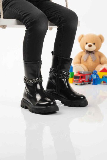 Siyah Rugan İçi Polarlı Kaymaz Kız Çocuk Çizme Duru F