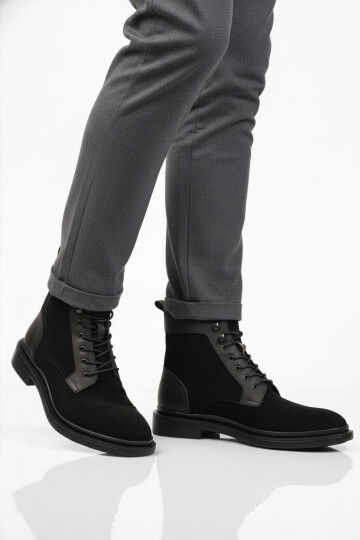 Siyah Süet Hakiki Deri Bağcıklı Erkek Bot Po 2439 M