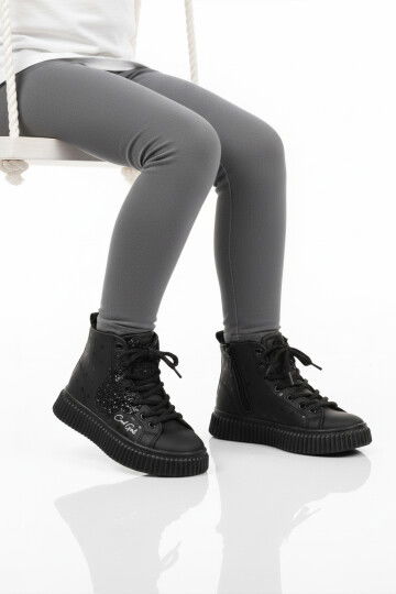 Siyah Fermuarlı İçi Polarlı Kaymaz Taban Kız Çocuk Bot Aisha F