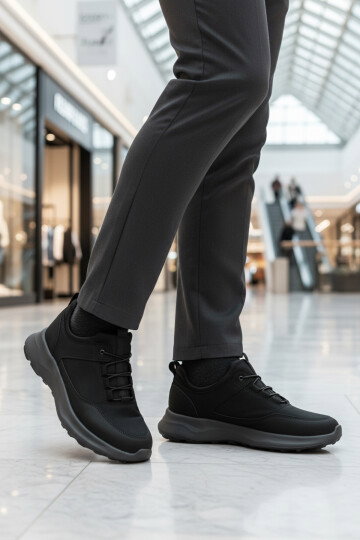 Siyah Elastik Bağcıklı Hafif Cilt Erkek Casual Yürüyüş Ayakkabı Sneaker 460 M