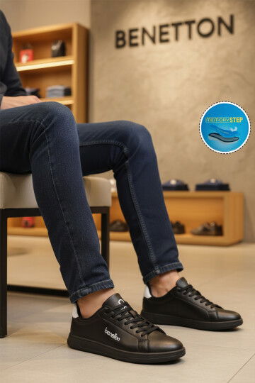 Siyah Bağcıklı Cilt Memory Foam Erkek Spor Ayakkabı BNI-12087 M