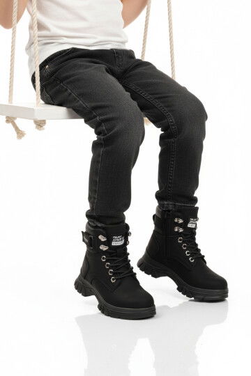 Siyah Zümrüt İçi Polarlı Kaymaz Taban Unisex Çocuk Bot 24035 F