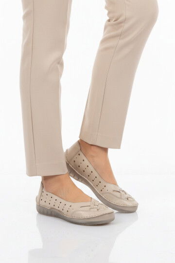 Premium Bej Hakiki Deri Anatomik Kadın Casual Ayakkabı 44401 Z